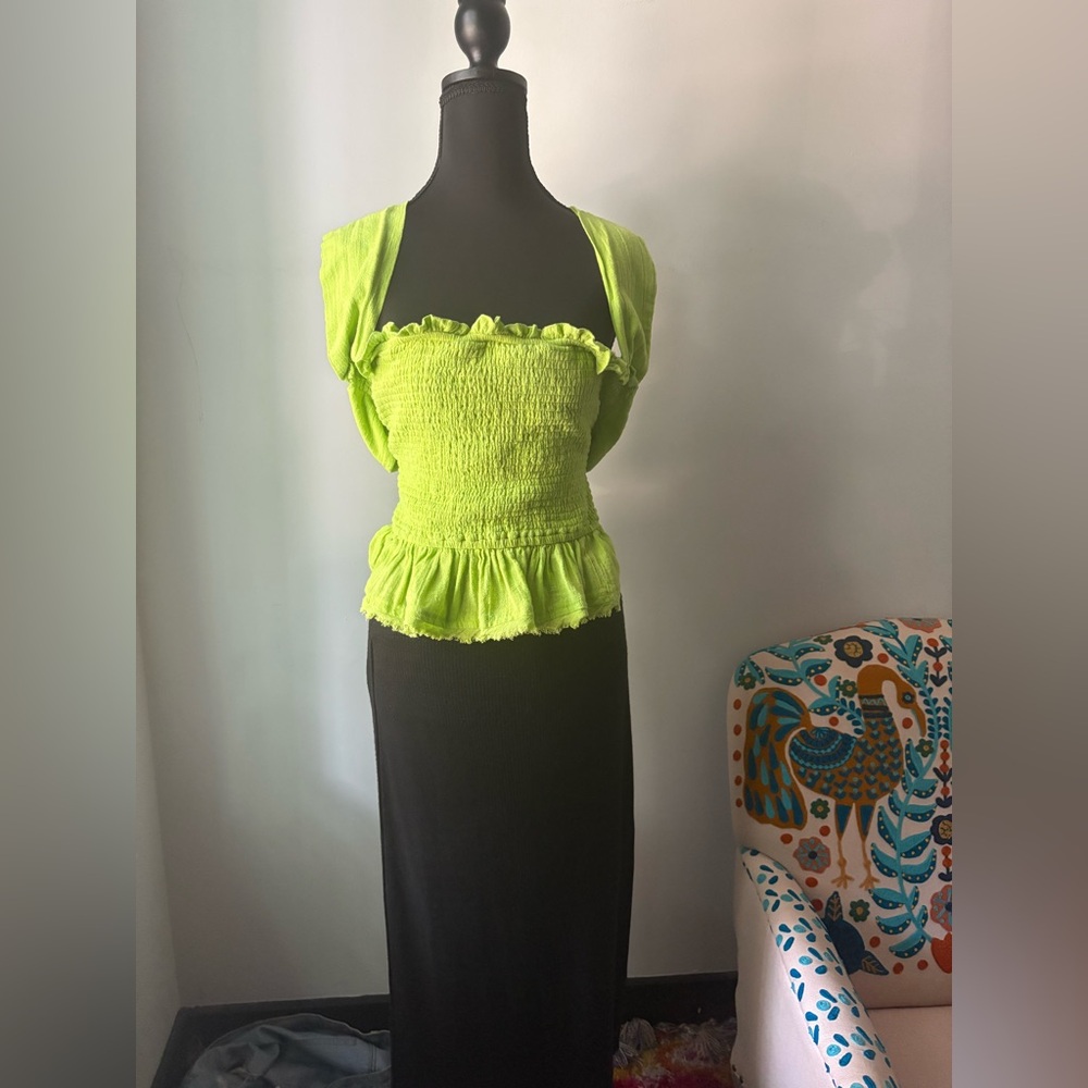 Free People Lime Green Smocked Top with Ruffle Details